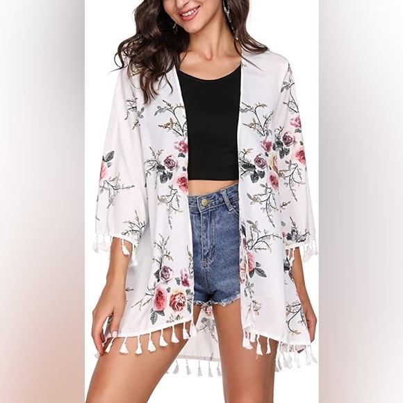 andthewhy Tops - Floral Kimono Cardigan - White with multicolor flowers